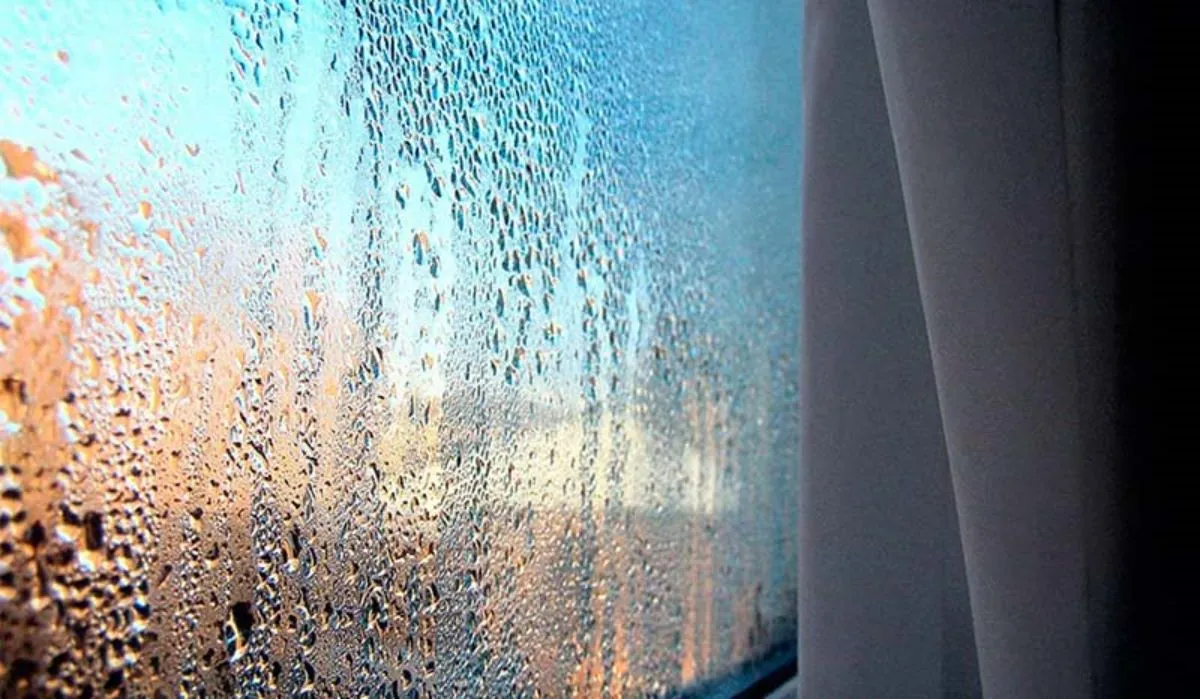 Apartment interior showing signs of high indoor humidity, such as condensation on windows and damp walls