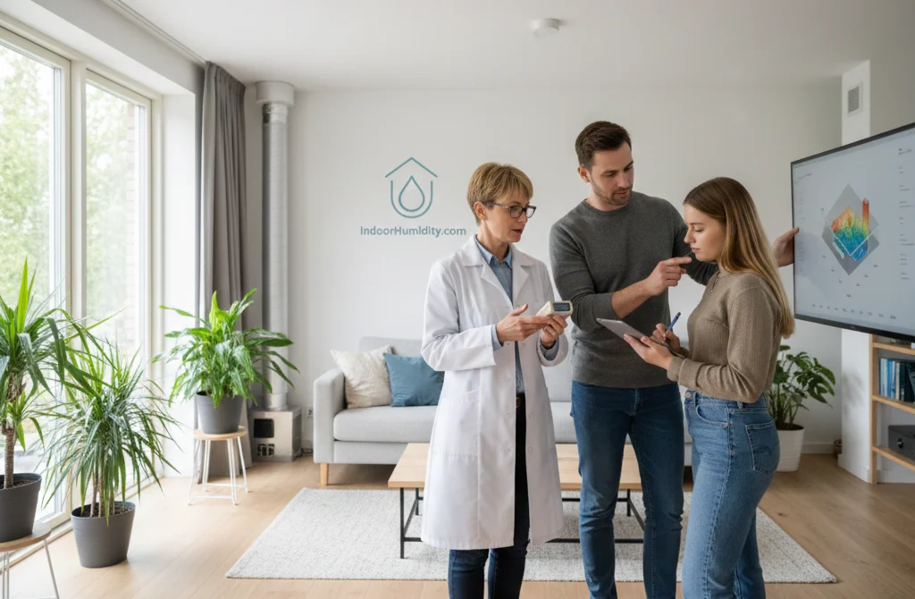 A professional expert in a lab coat explaining indoor air quality and humidity levels to a young couple in a modern living room.