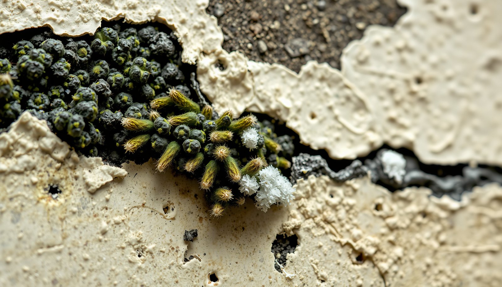 mold on painted concrete walls close-up view