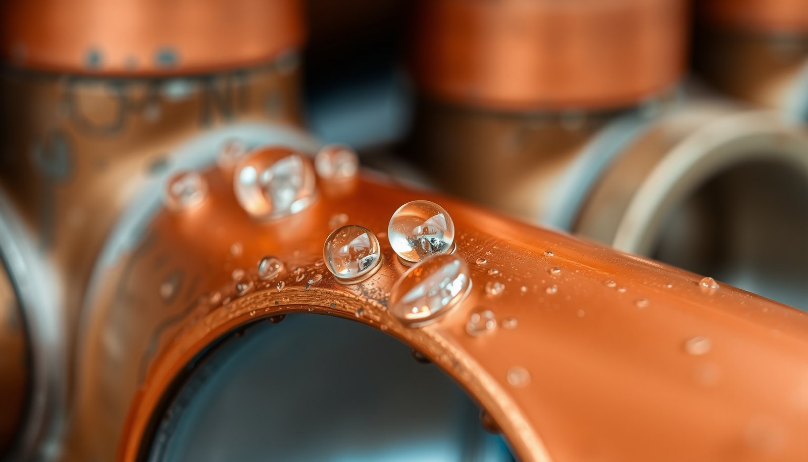 condensation on copper pipes in summer close-up view