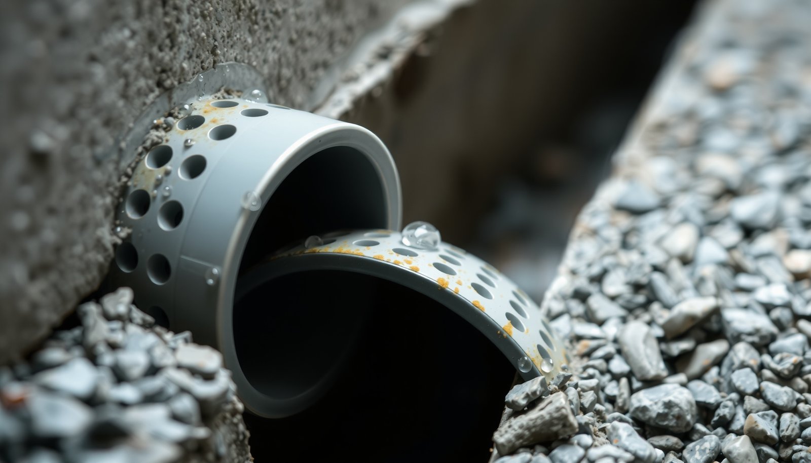 french drain in a basement close-up view