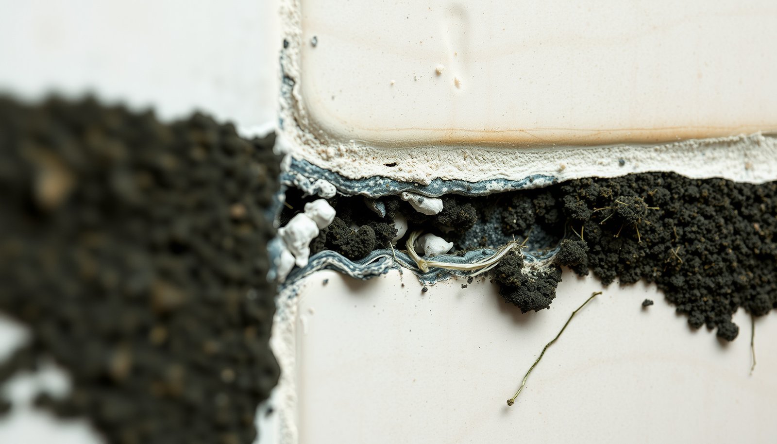 mold behind shower tiles close-up view
