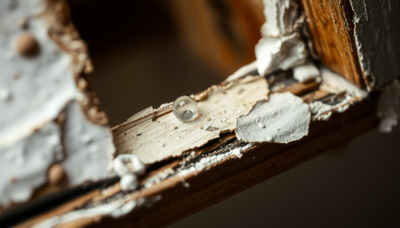 paint peeling around windows from condensation close-up view