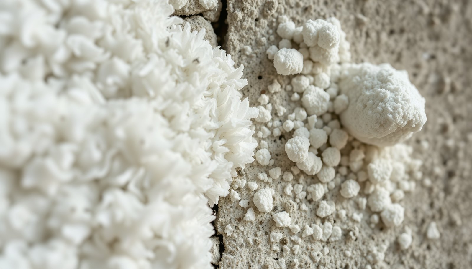 white fuzzy stuff on basement wall close-up view