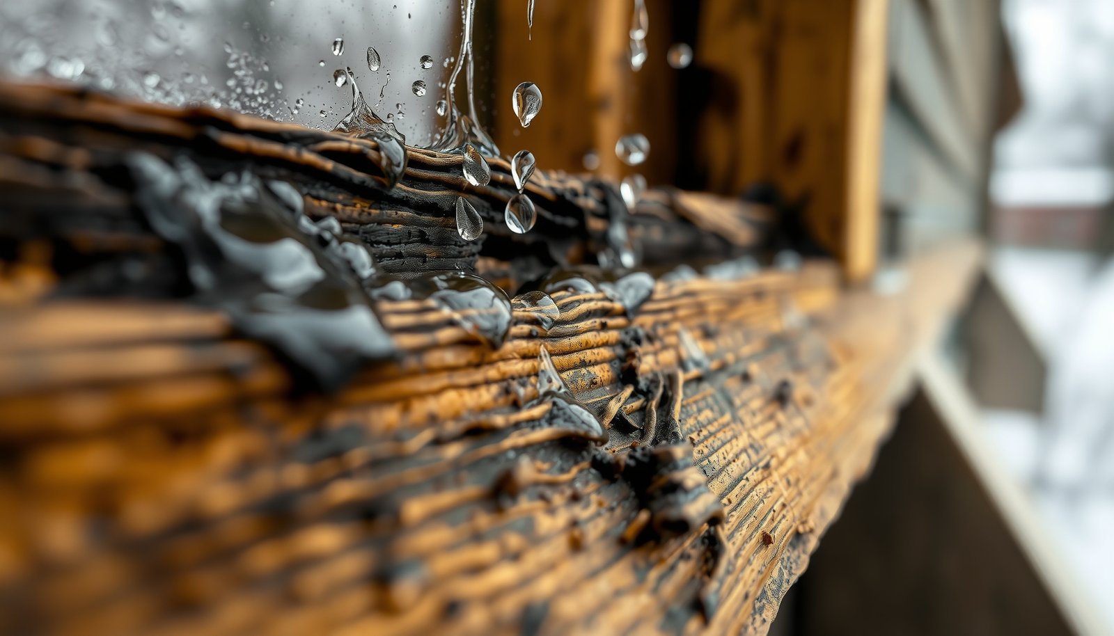 windows dripping water rotting sill close-up view