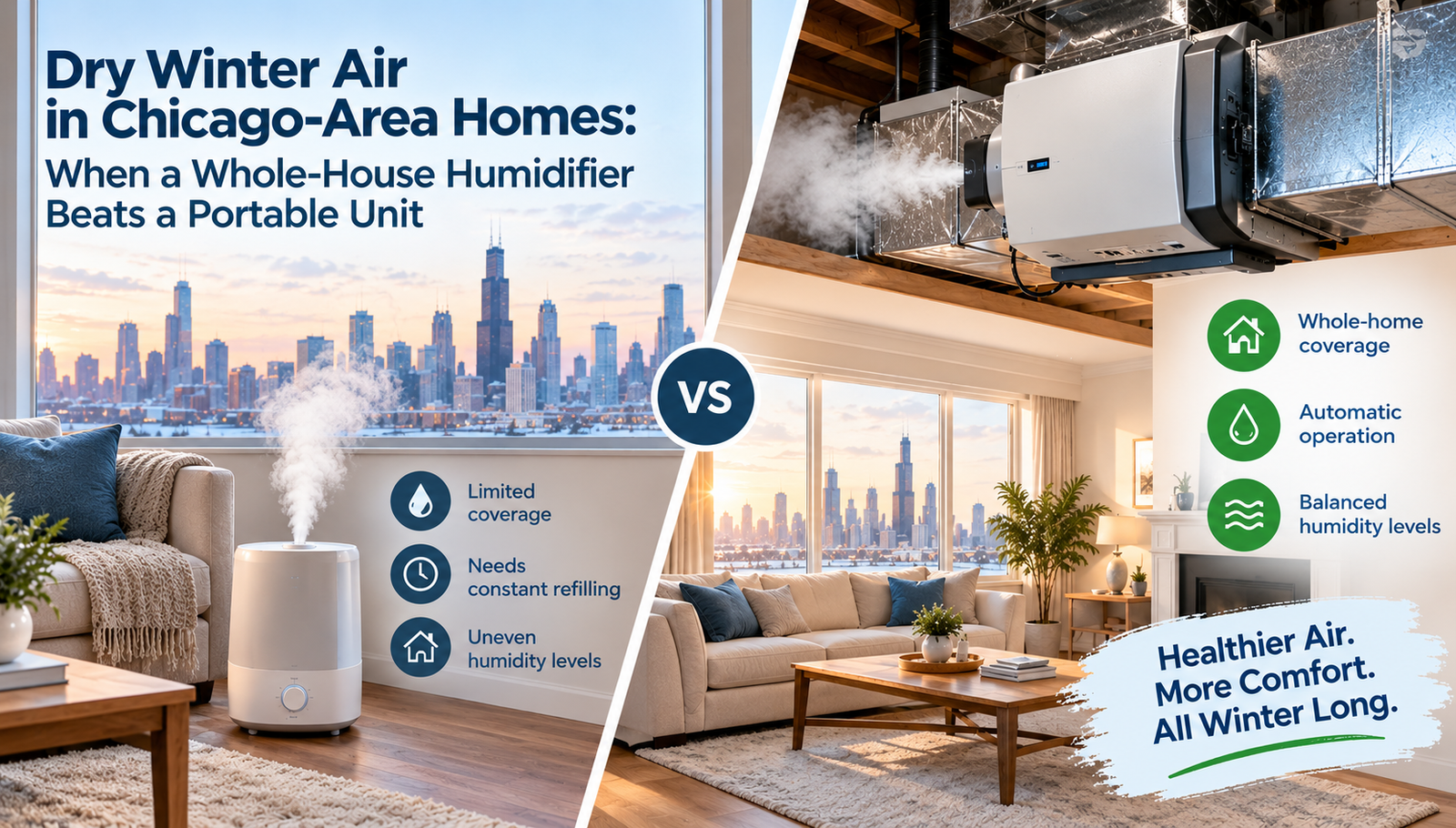 Dry Winter Air in Chicago-Area Homes: When a Whole-House Humidifier Beats a Portable Unit